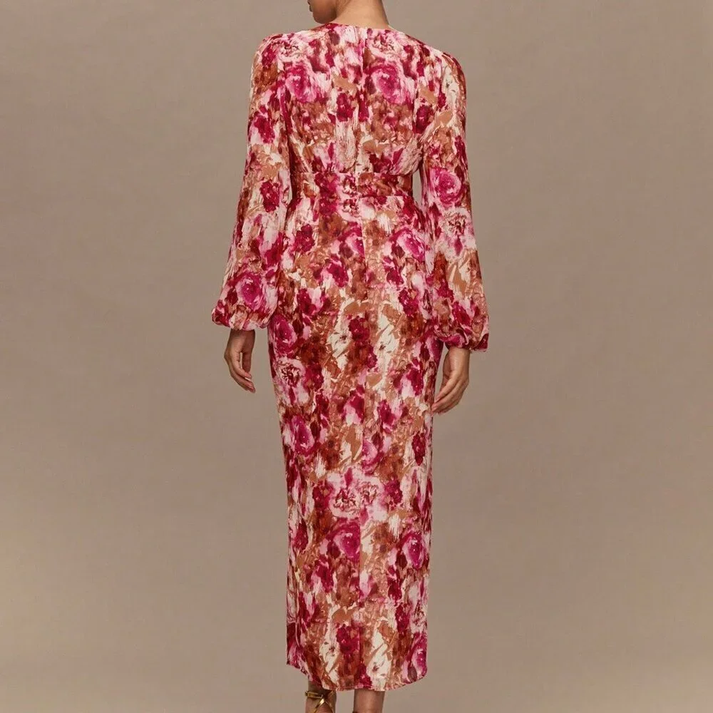 Hot Pink Boho Romantic Jacquard Women's Maxi Dress